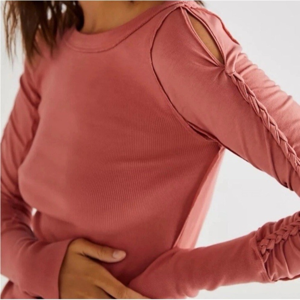 We the Free Free People Daisy Chain Cuff Top L‎ Sun Sand Pink Long Slv Ribbed
